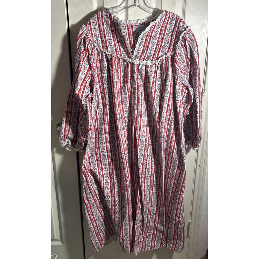 Lanz of Salzburg Red Stripe Floral Flannel Cotton Long Nightgown 3X Warm!